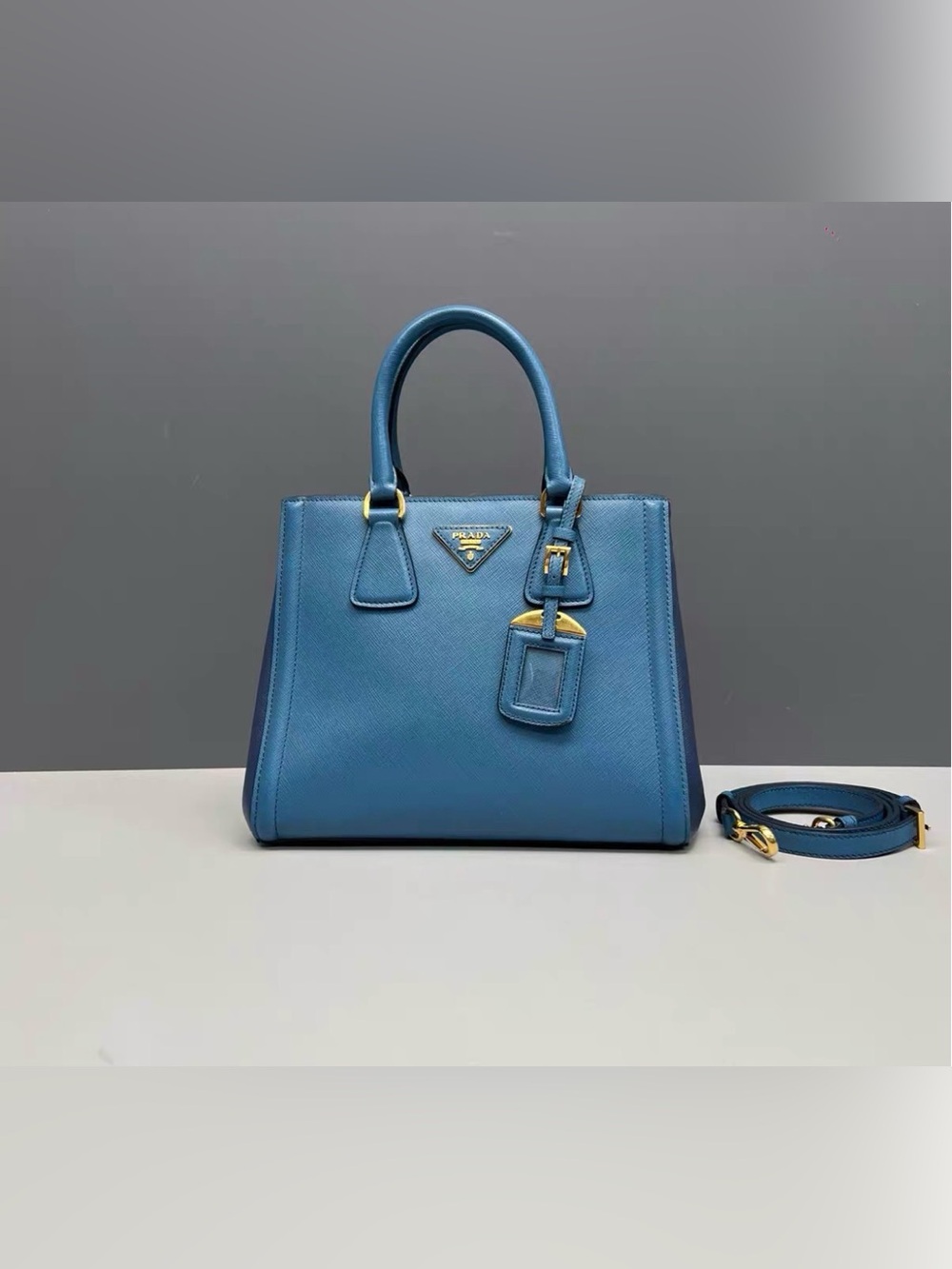 Prada Blue Saffiano Top-Handle Satchel with Gold Hardware
